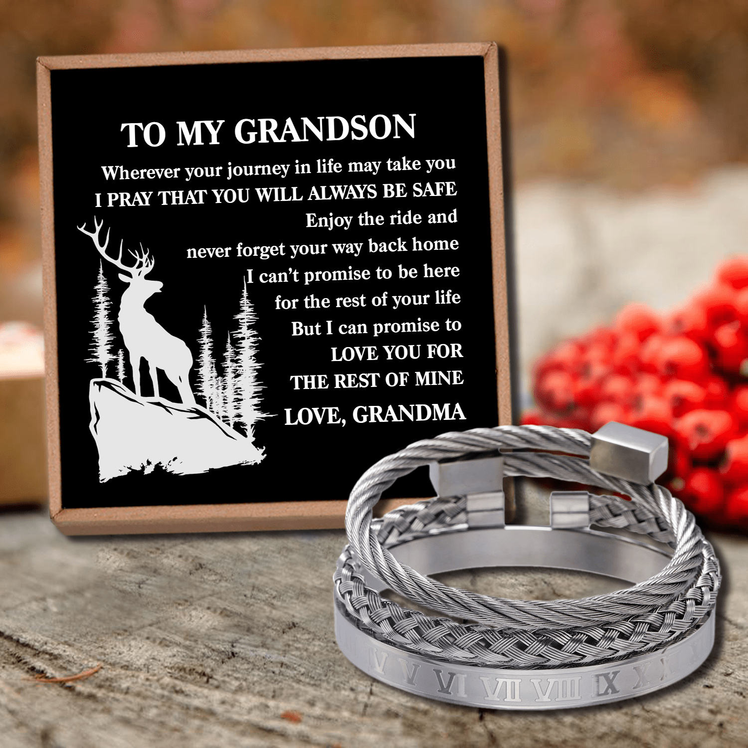 Bracelets Grandma To Grandson - You Will Always Be Safe Roman Numeral Bracelet Set Silver GiveMe-Gifts