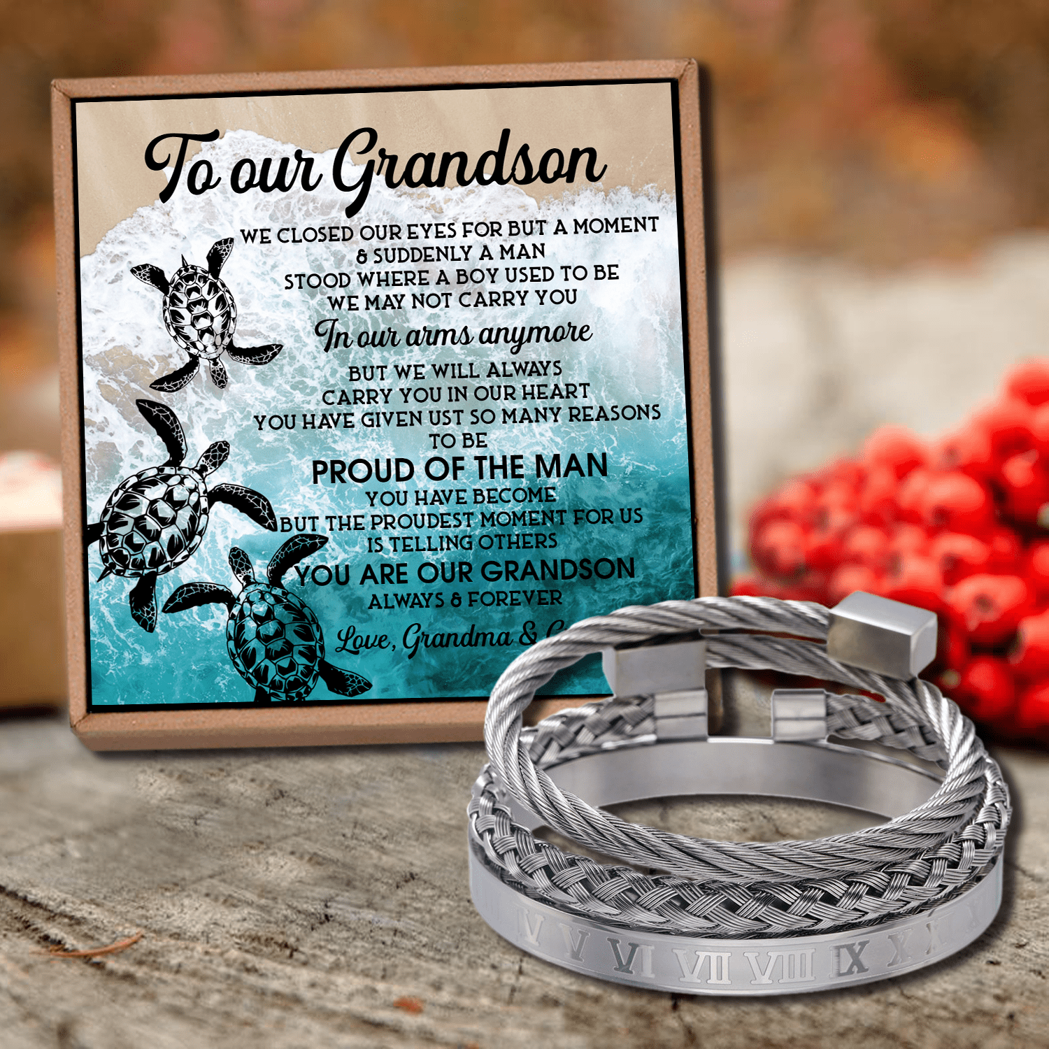 Bracelets To Our Grandson - Proud Of The Man Roman Numeral Bracelet Set Silver GiveMe-Gifts