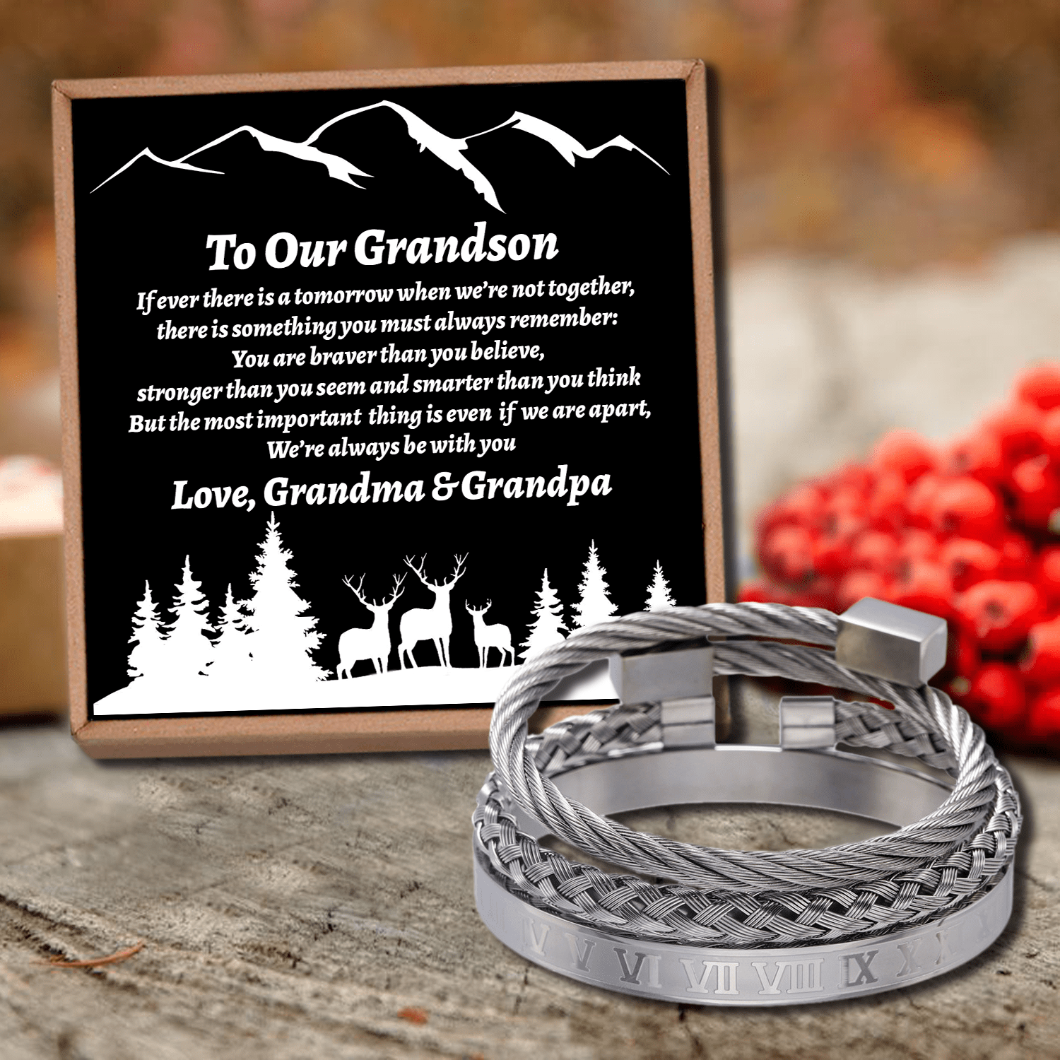 Bracelets To Our Grandson - We Are Always Be With You Roman Numeral Bracelet Set Silver GiveMe-Gifts