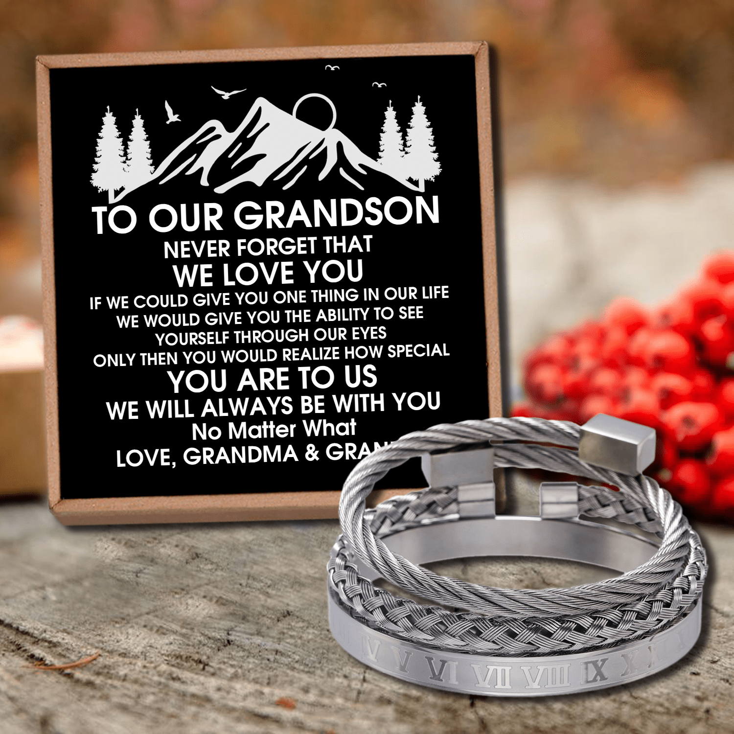 Bracelets To Our Grandson - We Love You Roman Numeral Bracelet Set Silver GiveMe-Gifts
