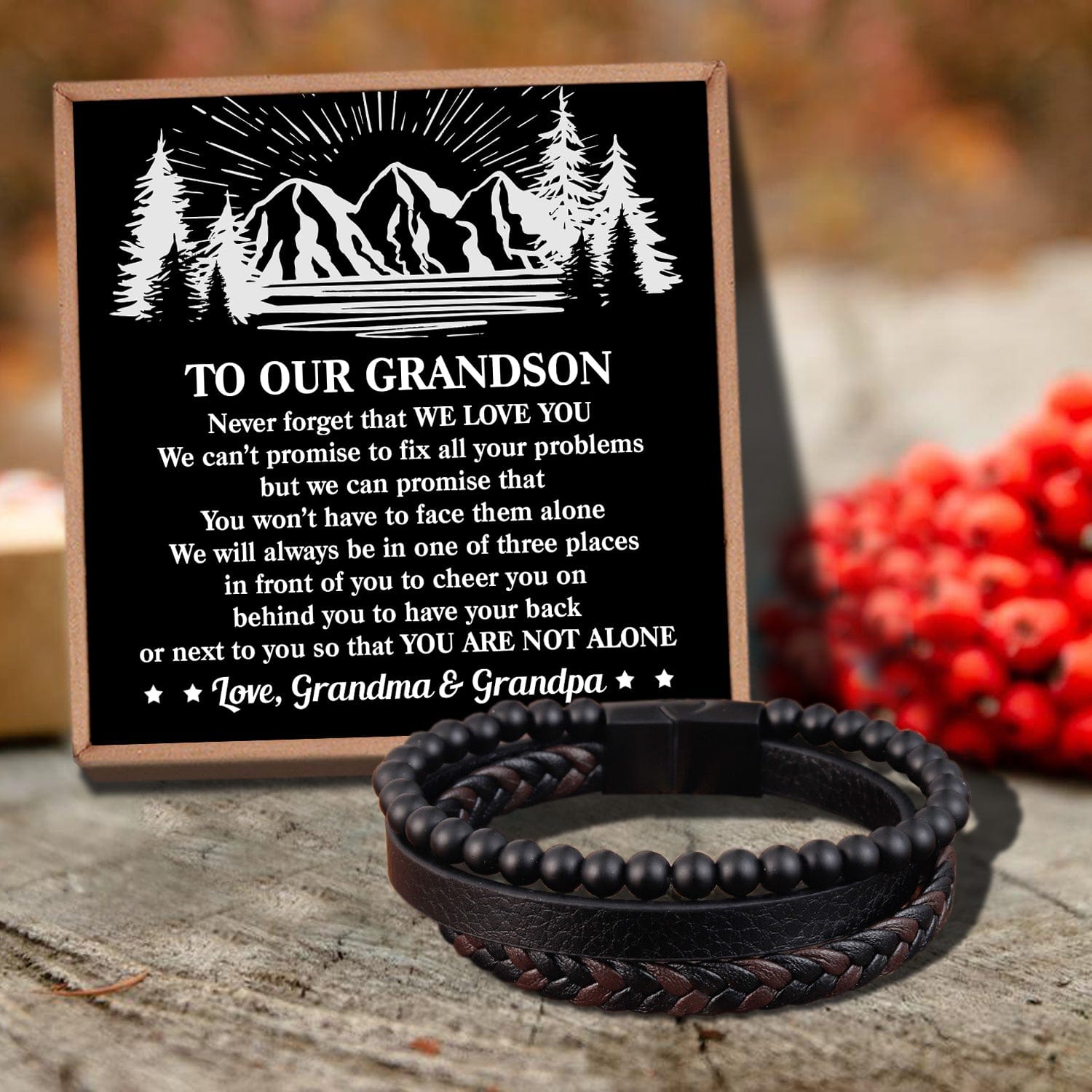 Bracelets For Grandson To Our Grandson - You Are Not Alone Black Beaded Bracelets For Men GiveMe-Gifts