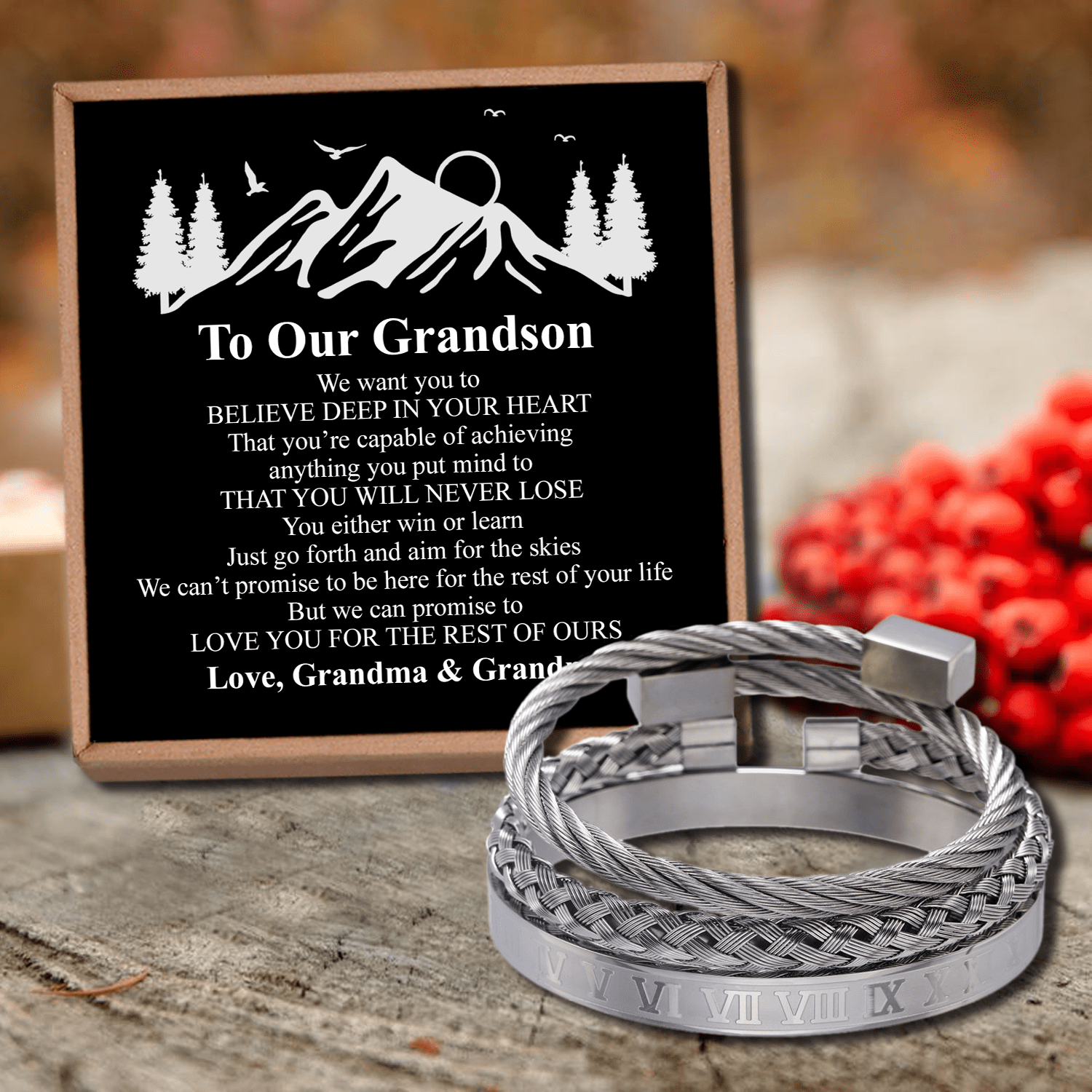 Bracelets To Our Grandson - You Will Never Lose Roman Numeral Bracelet Set Silver GiveMe-Gifts