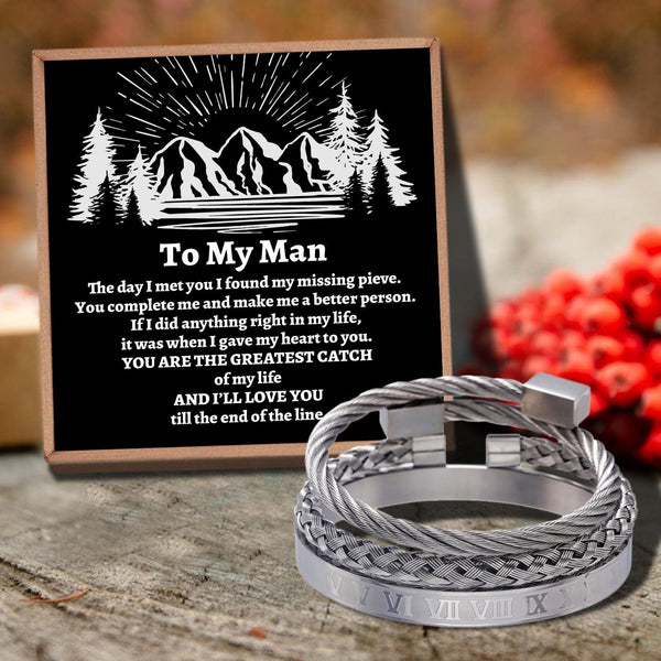 Bracelets For Husband To My Man - Greatest Catch Of My Life Roman Numeral Bangle Weave Bracelets Silver GiveMe-Gifts