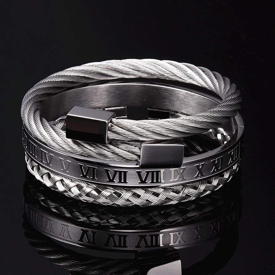 Bracelets Mom To Son - Always Be Safe Roman Numeral Bangle Weave Bracelets Set Silver GiveMe-Gifts