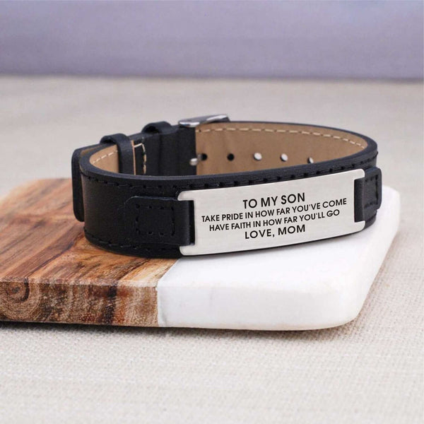Bracelets Mom To Son - Have Faith In How Far You Will Go Men's Leather Bracelet Black GiveMe-Gifts