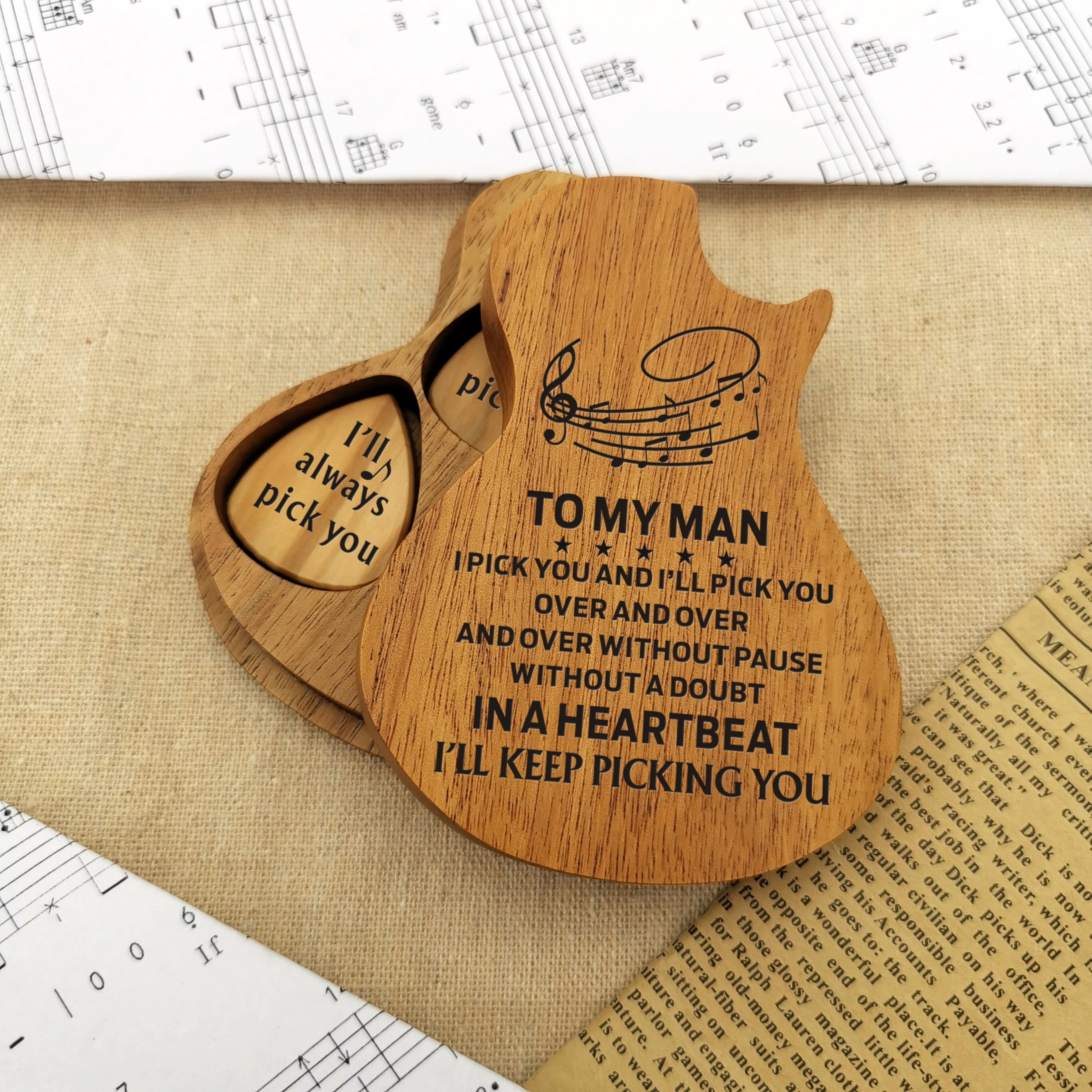 Guitar Picks To My Man - In A Heartbeat Wood Guitar Picks With Case GiveMe-Gifts