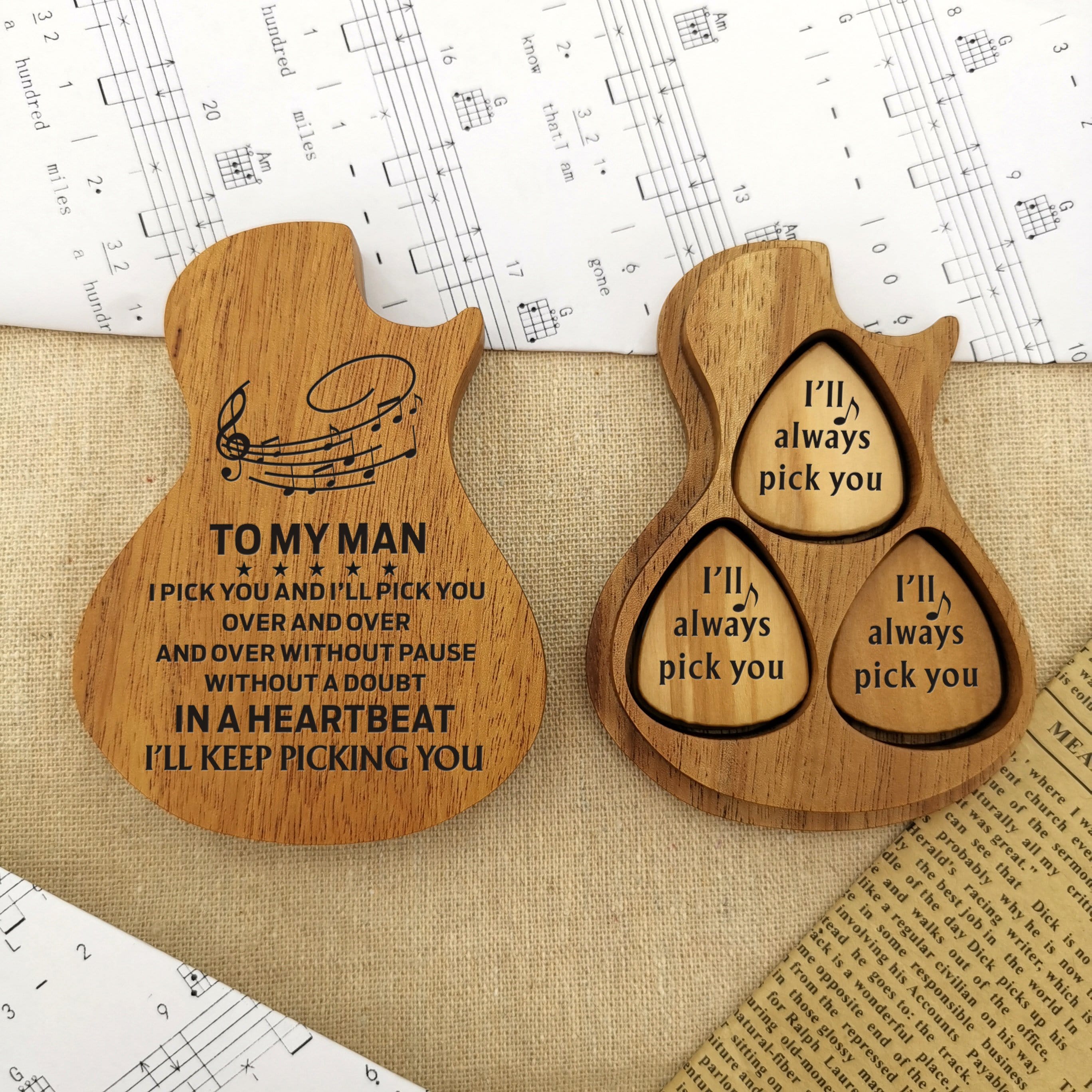 Guitar Picks To My Man - In A Heartbeat Wood Guitar Picks With Case GiveMe-Gifts