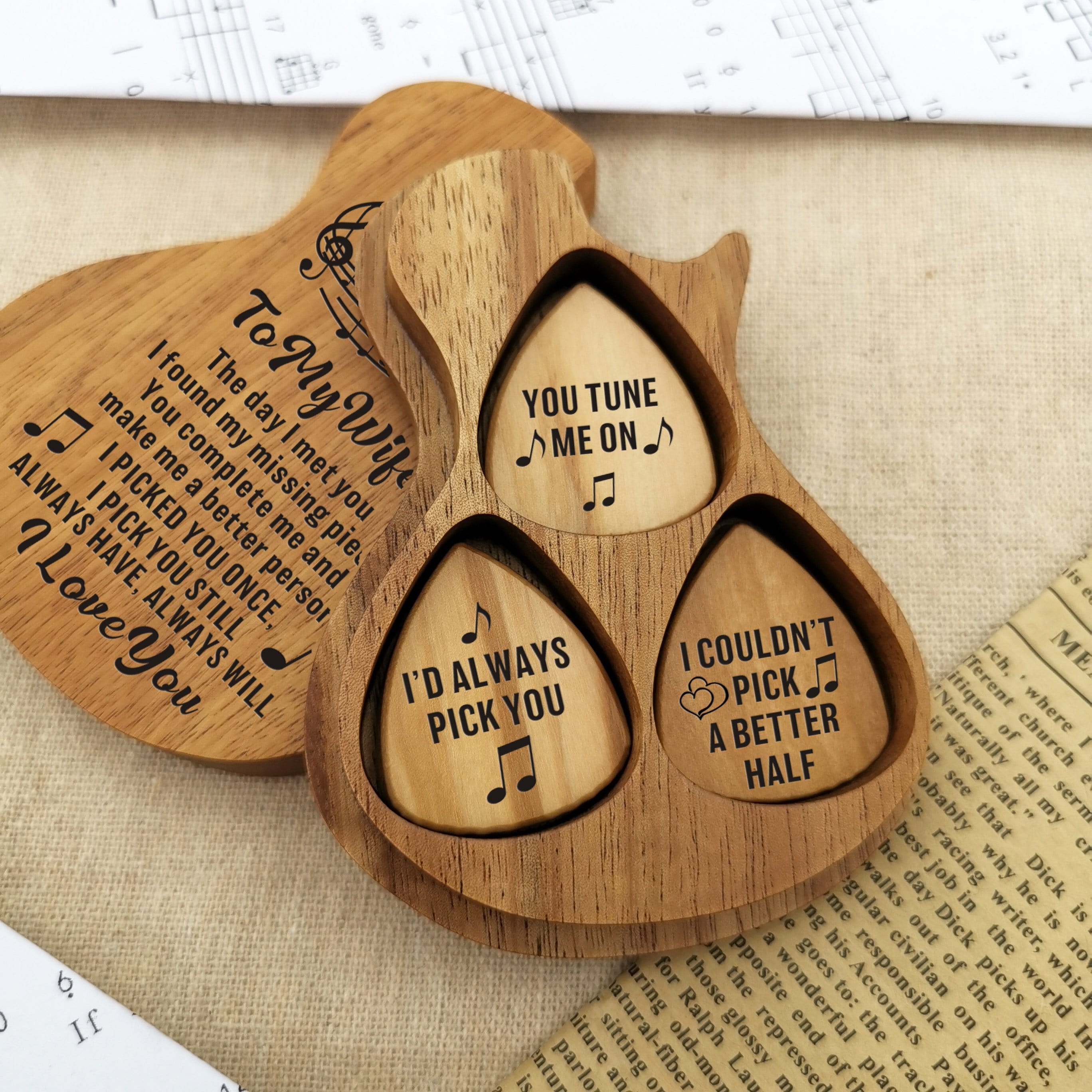 Guitar Picks To My Wife - I Pick You I Love You Wood Guitar Picks With Case GiveMe-Gifts