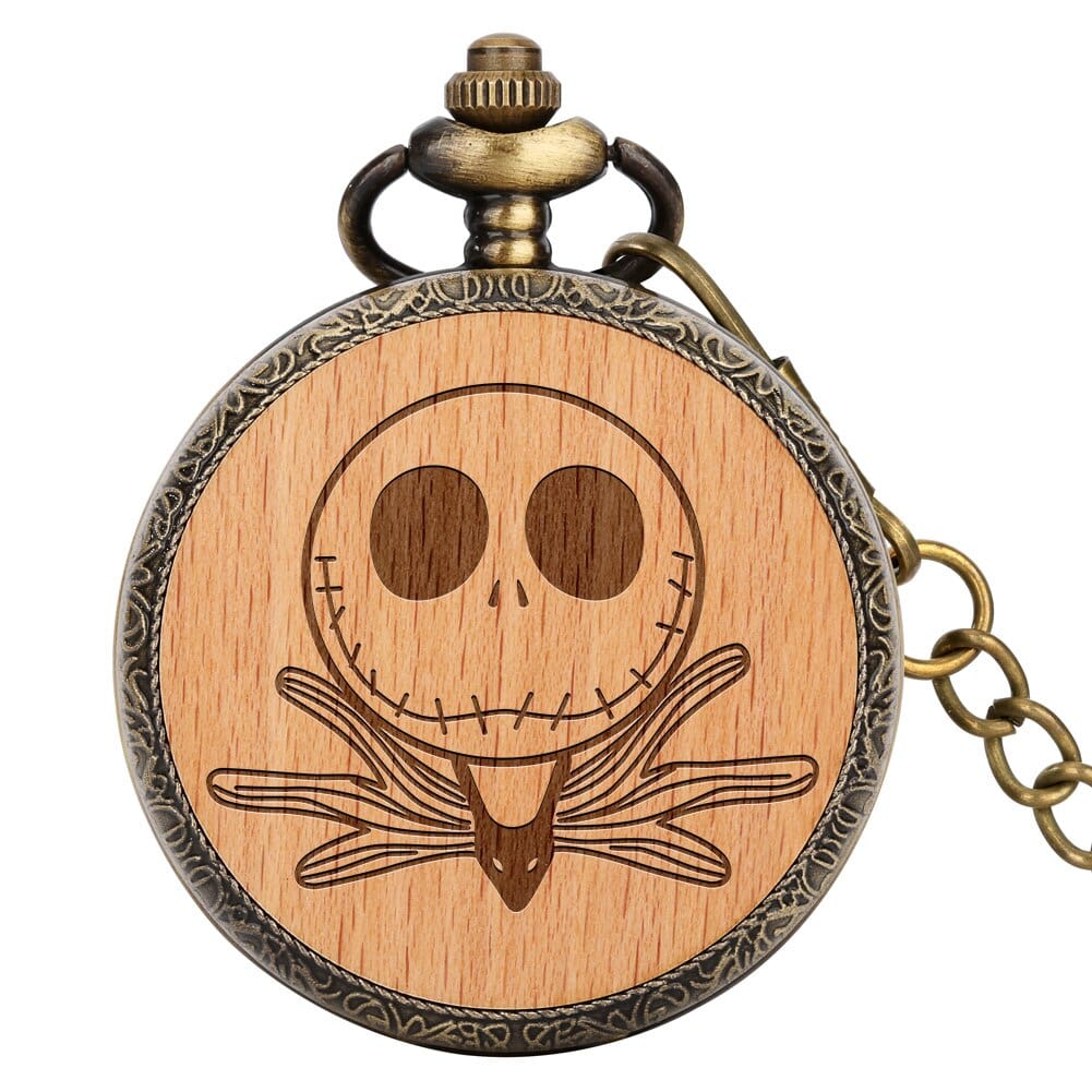 0 Lovely Nightmare Skull Engraved Round Wood Decorative Bronze Alloy Quartz Pocket Watch Men Women Kids Necklace Watch Pendant with pocket chain GiveMe-Gifts