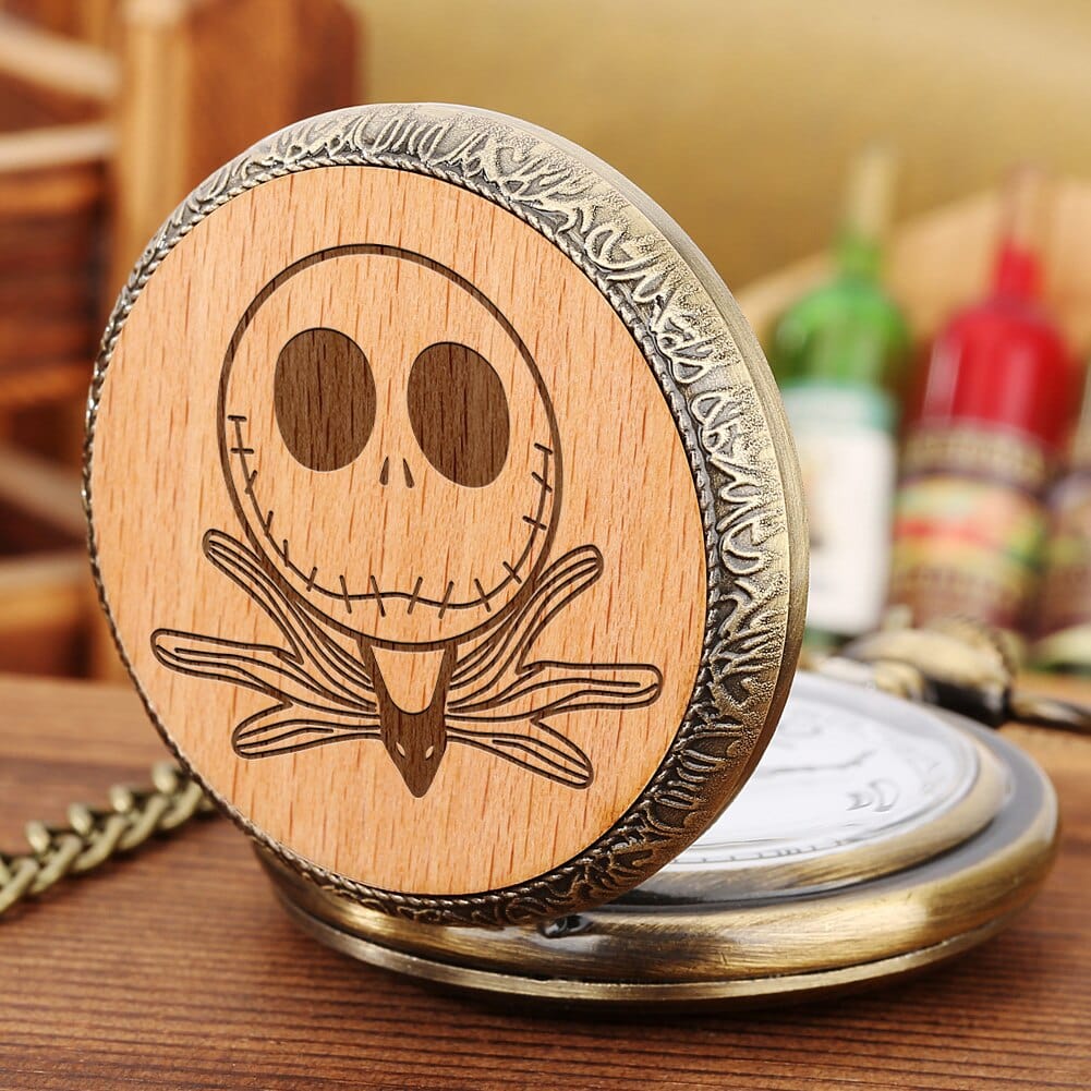 0 Lovely Nightmare Skull Engraved Round Wood Decorative Bronze Alloy Quartz Pocket Watch Men Women Kids Necklace Watch Pendant GiveMe-Gifts