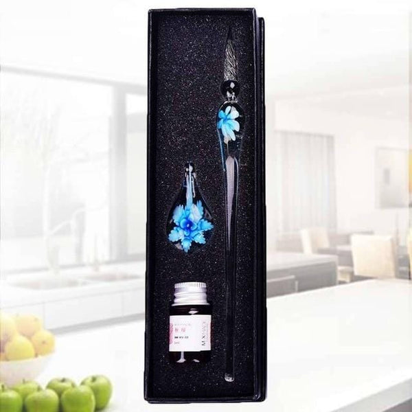 Stationery Floral Glass Dip Pen Set Light Blue GiveMe-Gifts